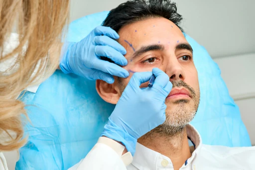 Paciente varón sometiéndose al proceso inicial de una blefaroplastia